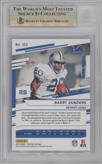 Barry Sanders  from the 2022 Panini Prestige set featuring a Xtra Points Blue parallel graded by Beckett and given an overall grade of 9.5.