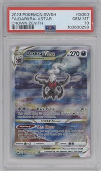 Darkrai VSTAR from the 2023 Pokemon SWSH set graded by PSA and given an overall grade of 10.