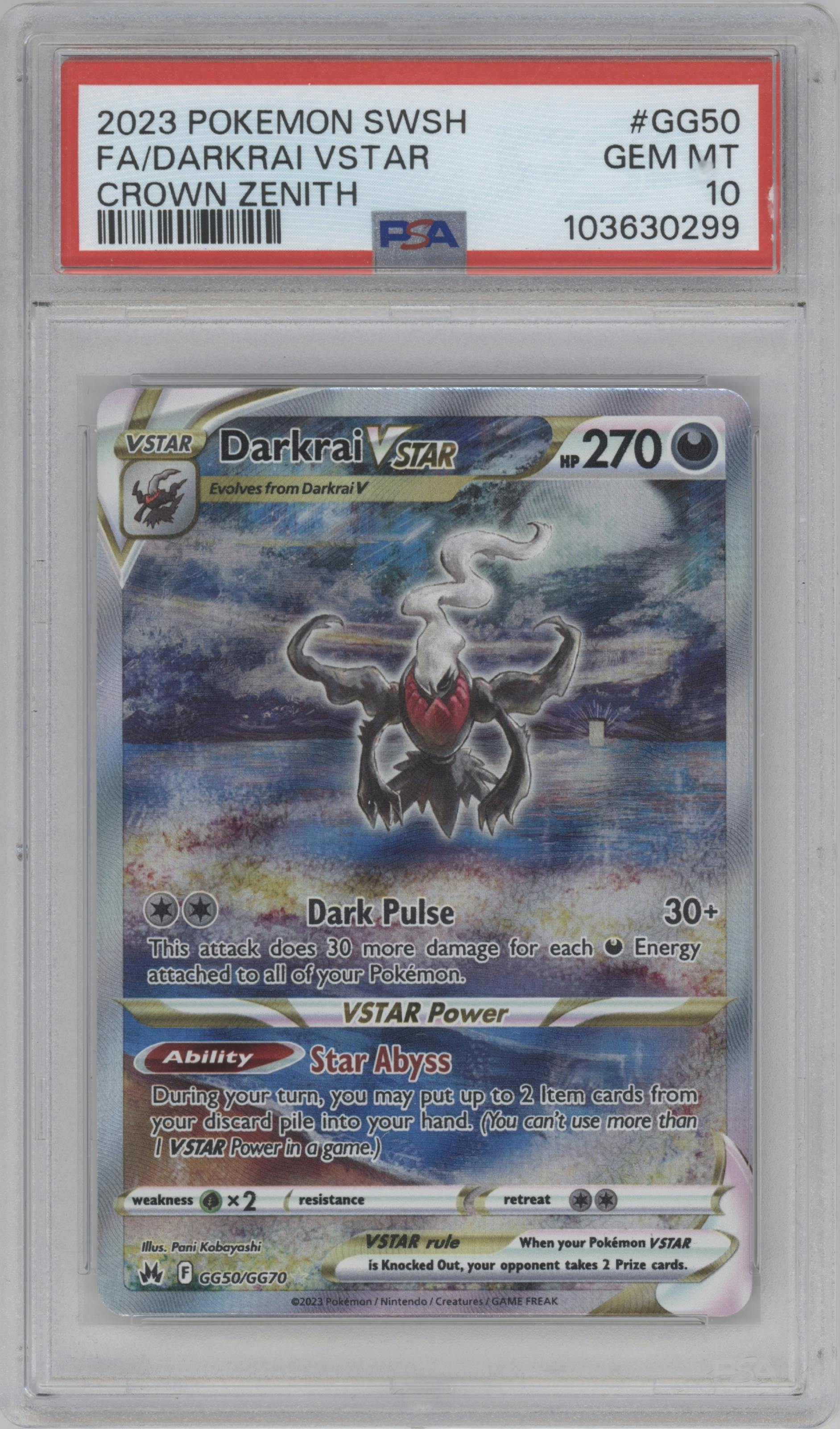 Darkrai VSTAR from the 2023 Pokemon SWSH set graded by PSA and given an overall grade of 10.