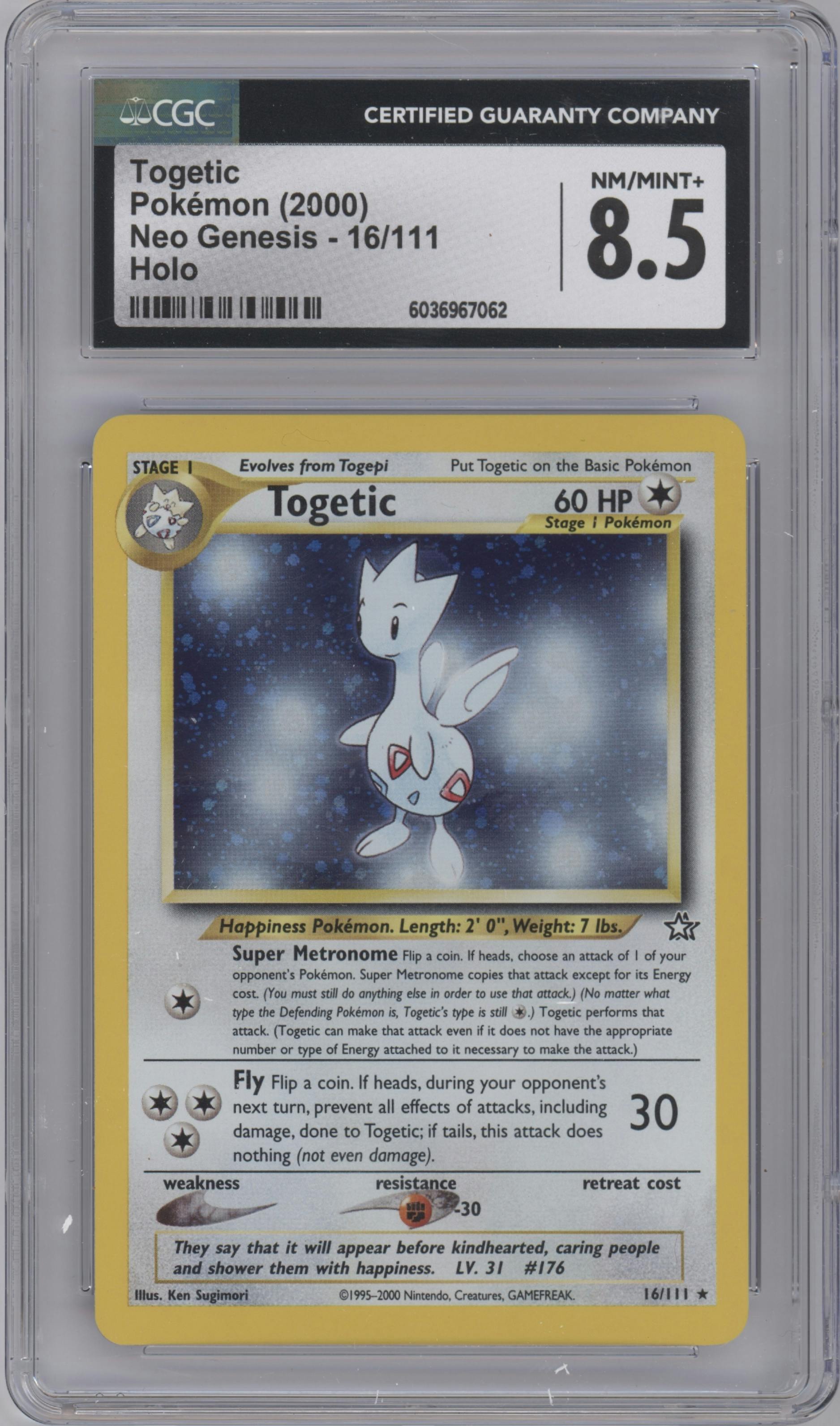 Togetic from the 2000 Pokemon Neo Genesis set graded by CSG and given an overall grade of 8.5.