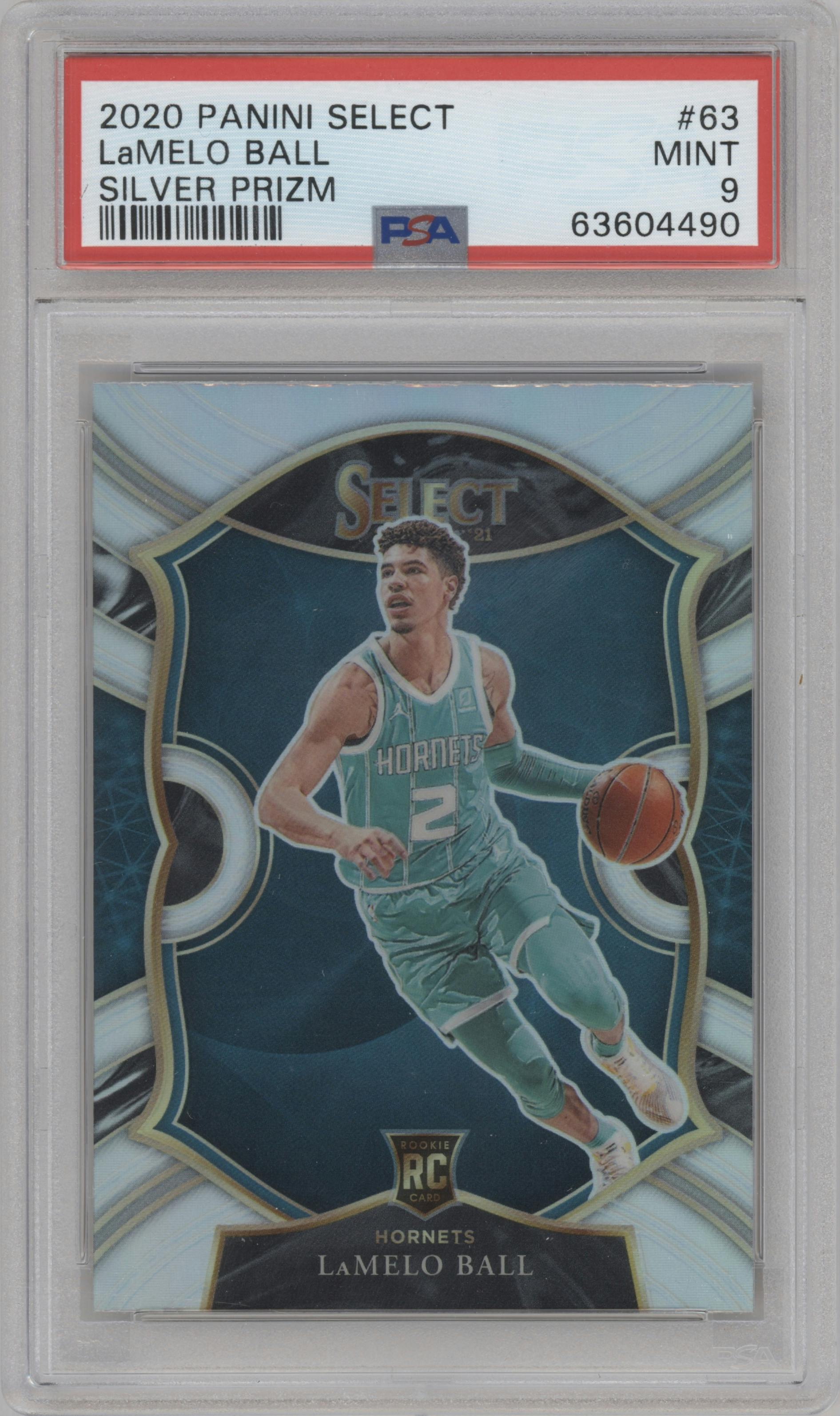 LaMelo Ball from the 2020-21 Panini Select  set featuring a Silver Prizm parallel graded by PSA and given an overall grade of 9.