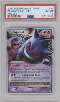 Gengar LV.X from the 2009 Pokemon Platinum set graded by PSA and given an overall grade of 8.