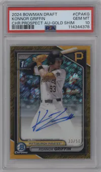 Konnor Griffin from the 2024 Bowman Draft set featuring a Gold Shimmer Refractor parallel graded by PSA and given an overall grade of 10.