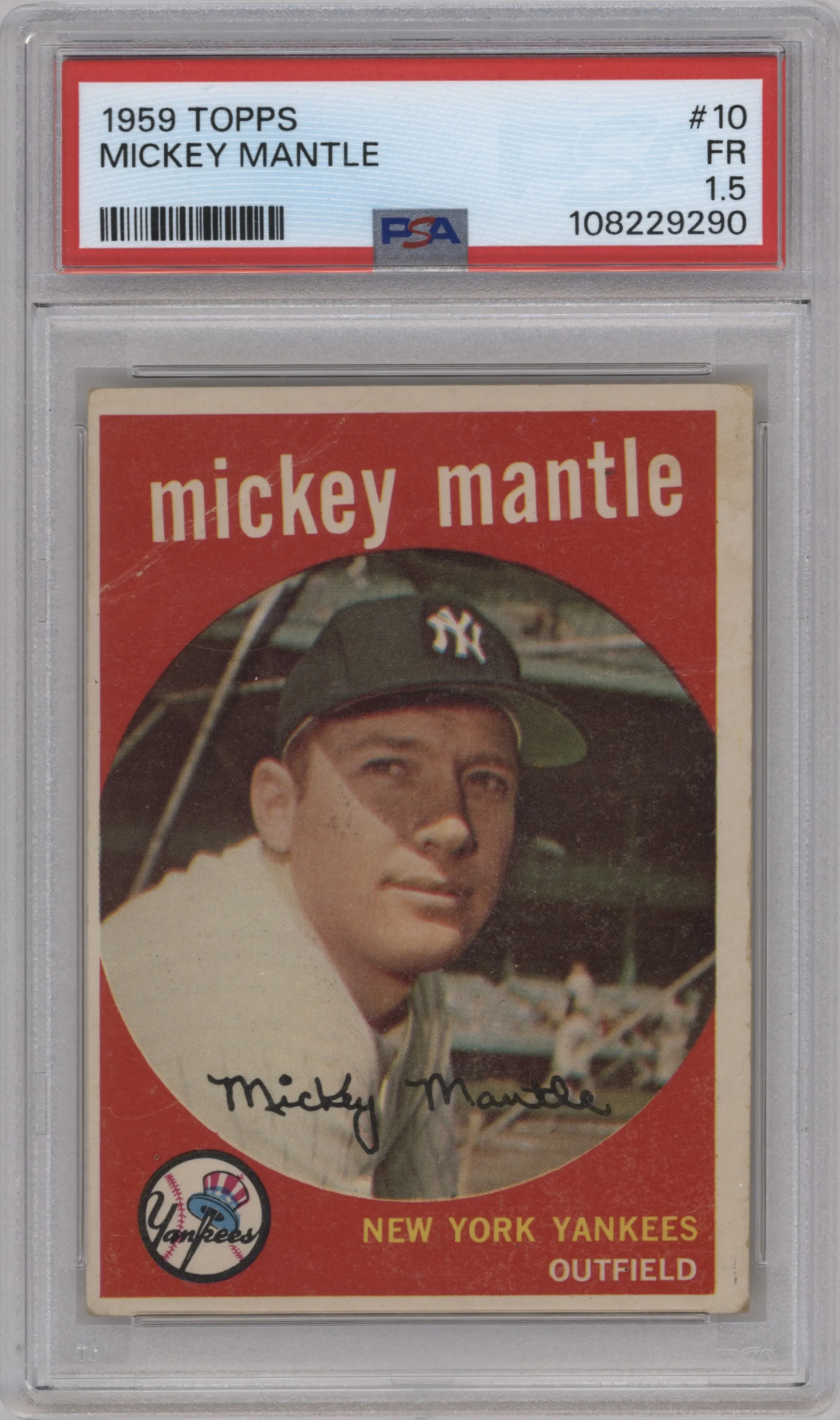 Mickey Mantle from the 1959 Topps set graded by PSA and given an overall grade of 1.5.