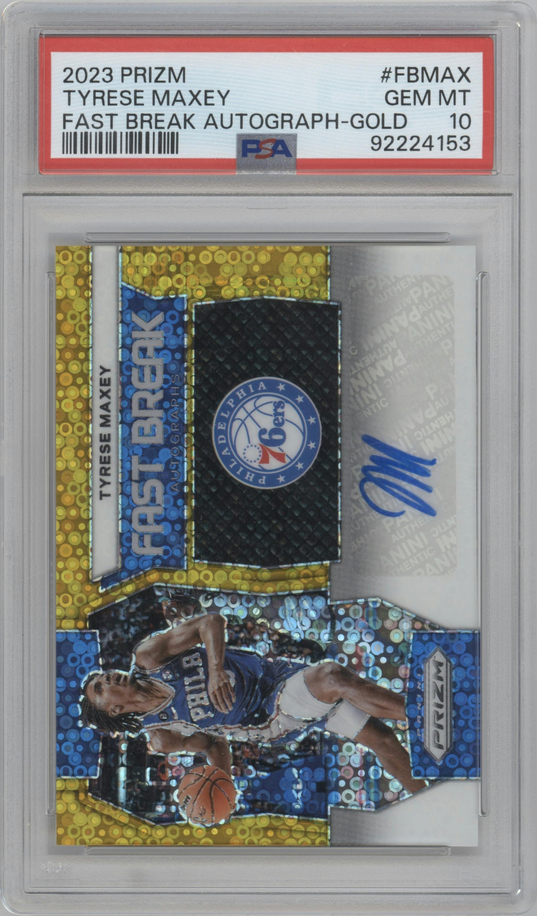 Tyrese Maxey from the 2023-24 Panini Prizm set featuring a Gold parallel graded by PSA and given an overall grade of 10.
