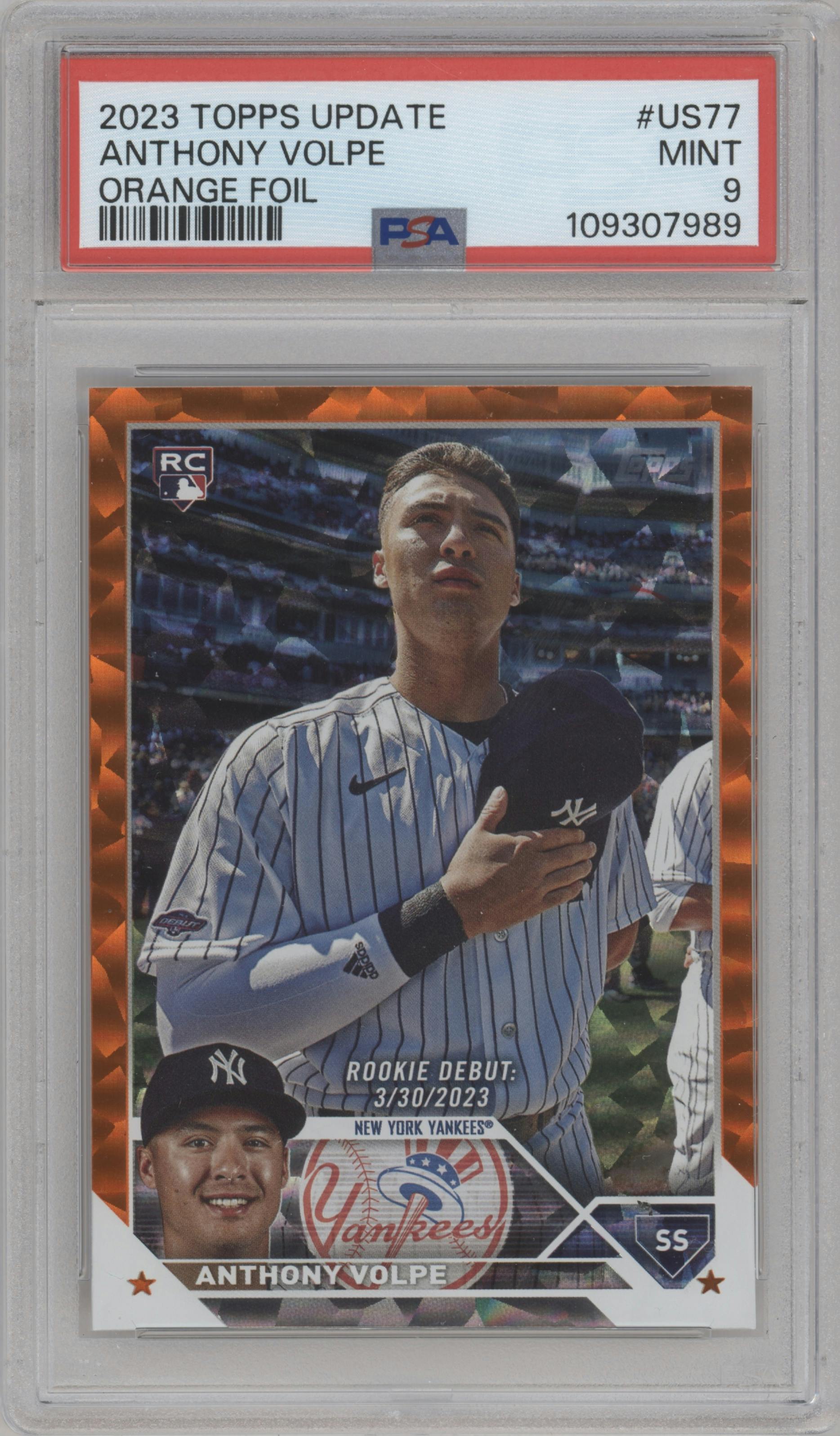 Anthony Volpe from the 2023 Topps Update set featuring a Orange Foil  parallel graded by PSA and given an overall grade of 9.