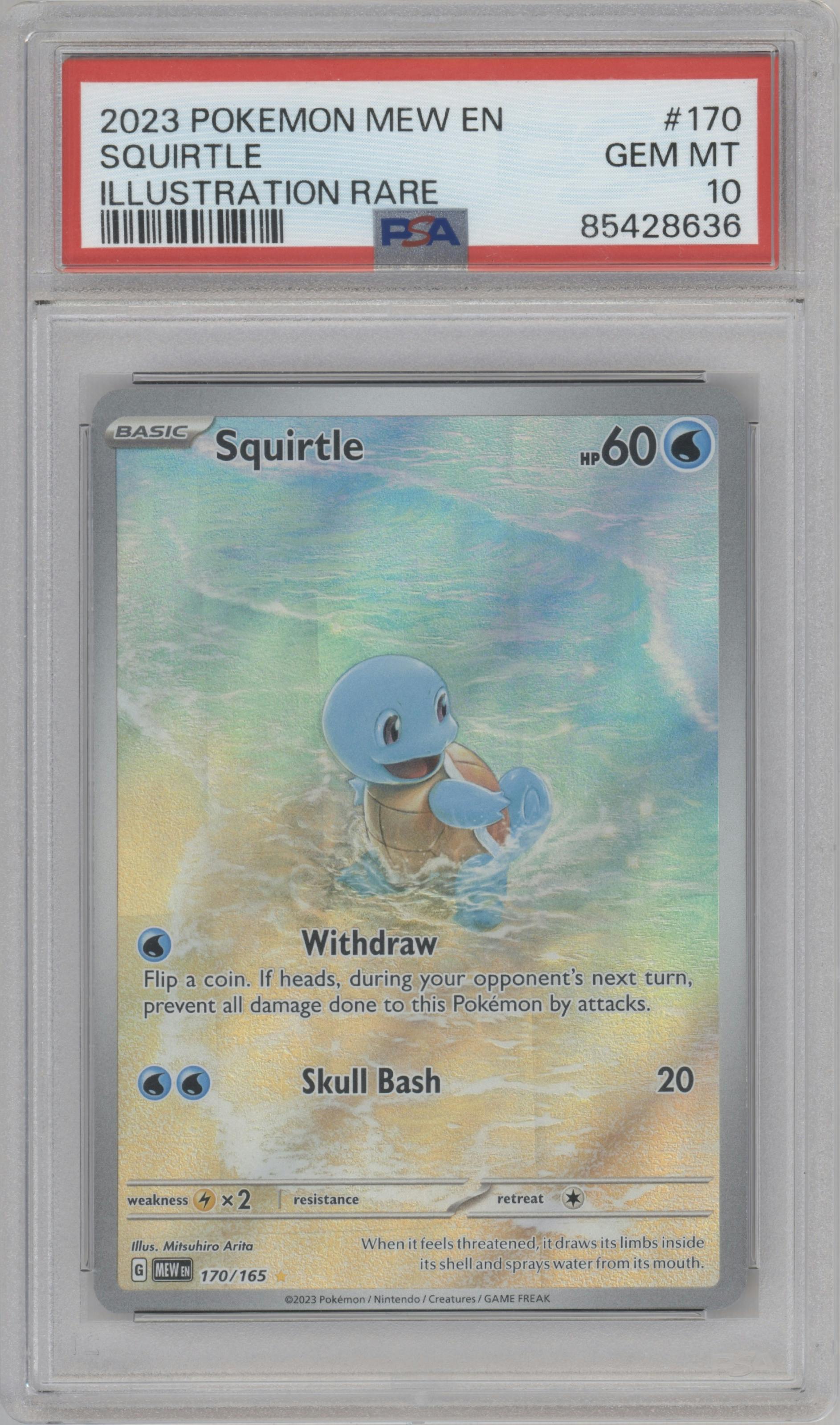 Squirtle from the 2023 Pokemon SV set graded by PSA and given an overall grade of 10.