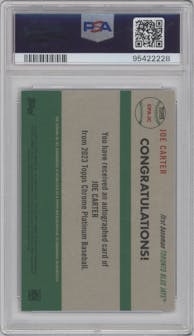 Joe Carter from the 2023 Topps Chrome Platinum Anniversary set featuring a Toile Cream Blue Refractor parallel graded by PSA and given an overall grade of 9.
