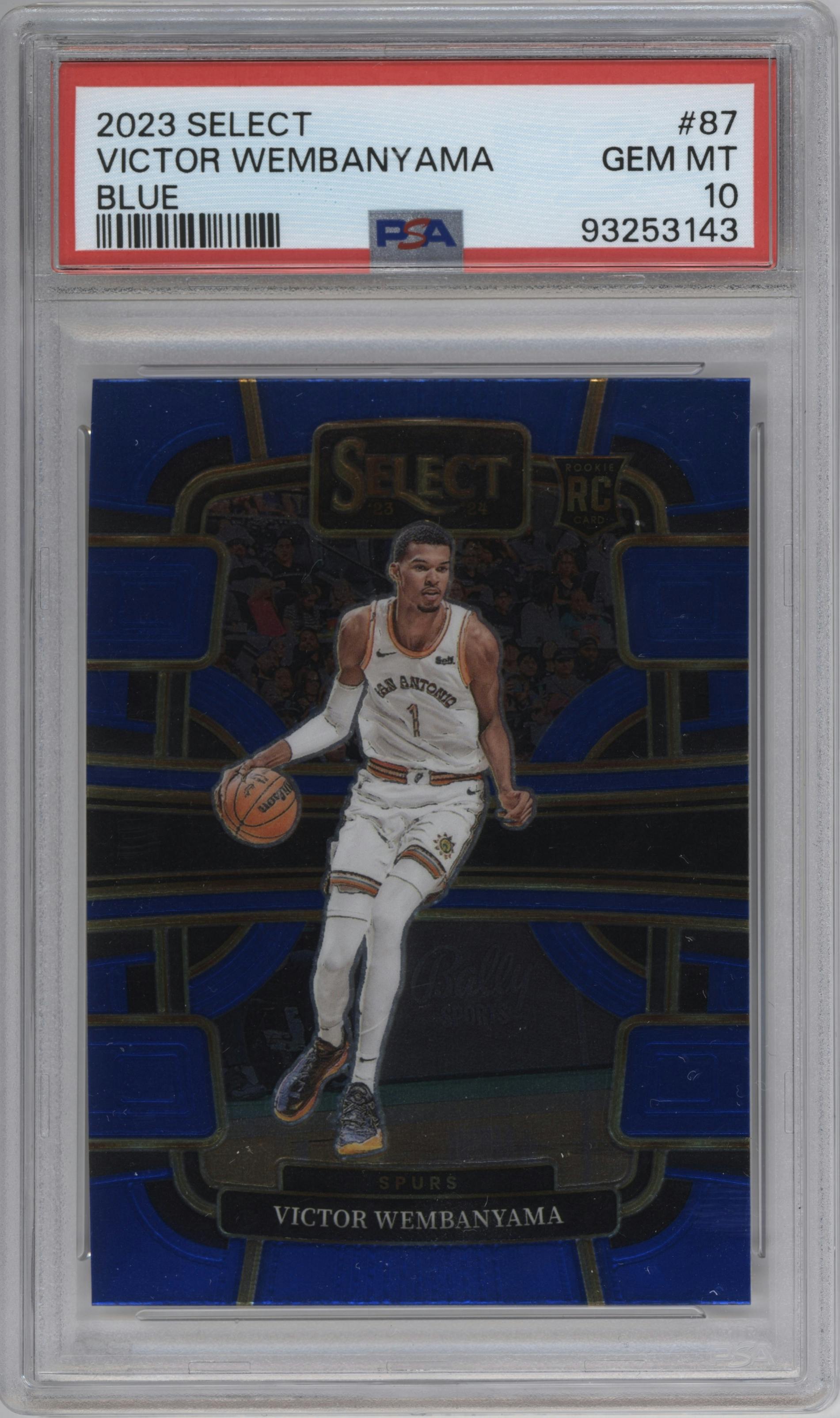 Victor Wembanyama from the 2023-24 Panini Select  set featuring a Blue Retail parallel graded by PSA and given an overall grade of 10.