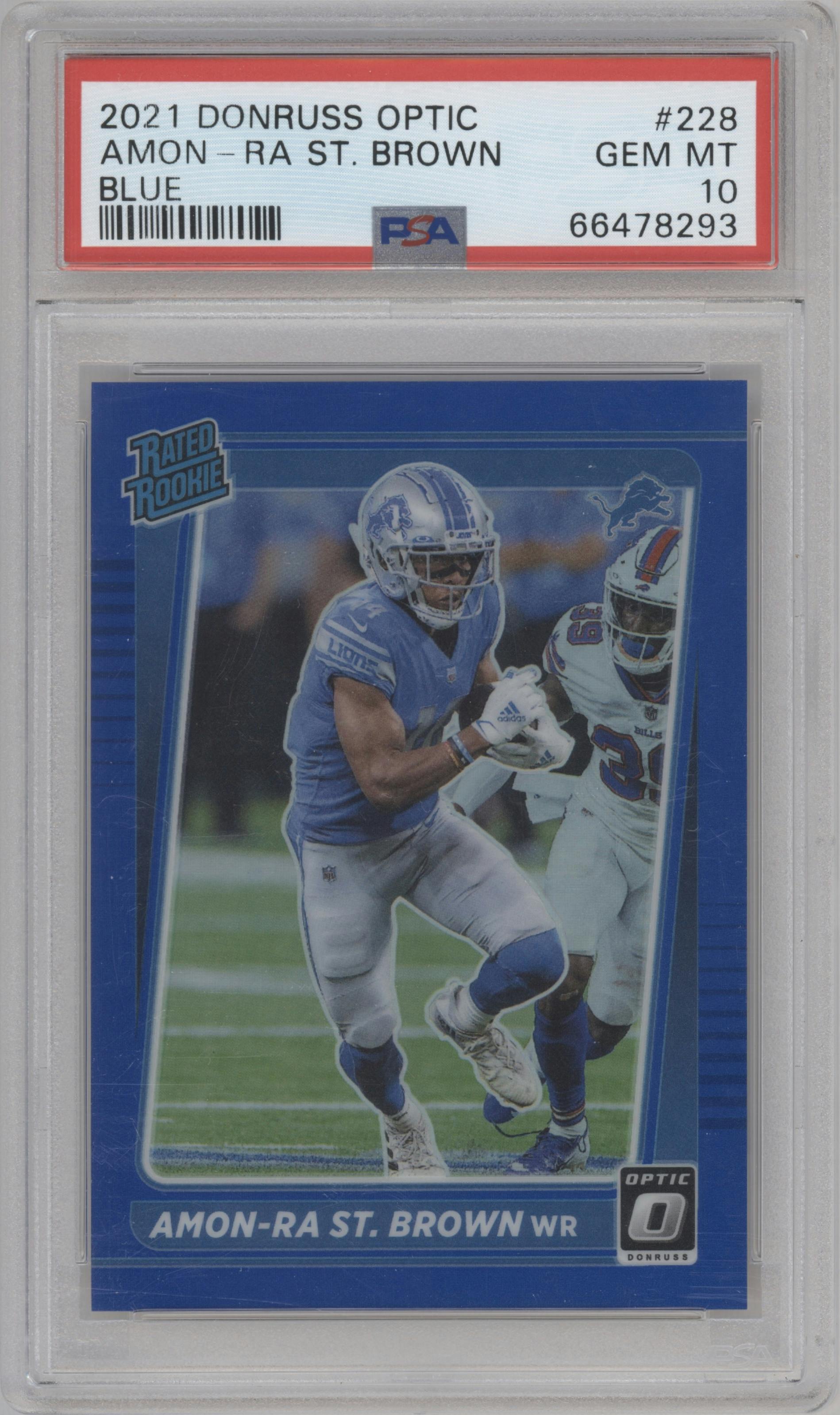 Amon-Ra St. Brown from the 2021 Panini Donruss Optic set featuring a Blue  parallel graded by PSA and given an overall grade of 10.