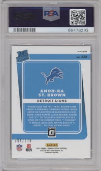 Amon-Ra St. Brown from the 2021 Panini Donruss Optic set featuring a Blue  parallel graded by PSA and given an overall grade of 10.