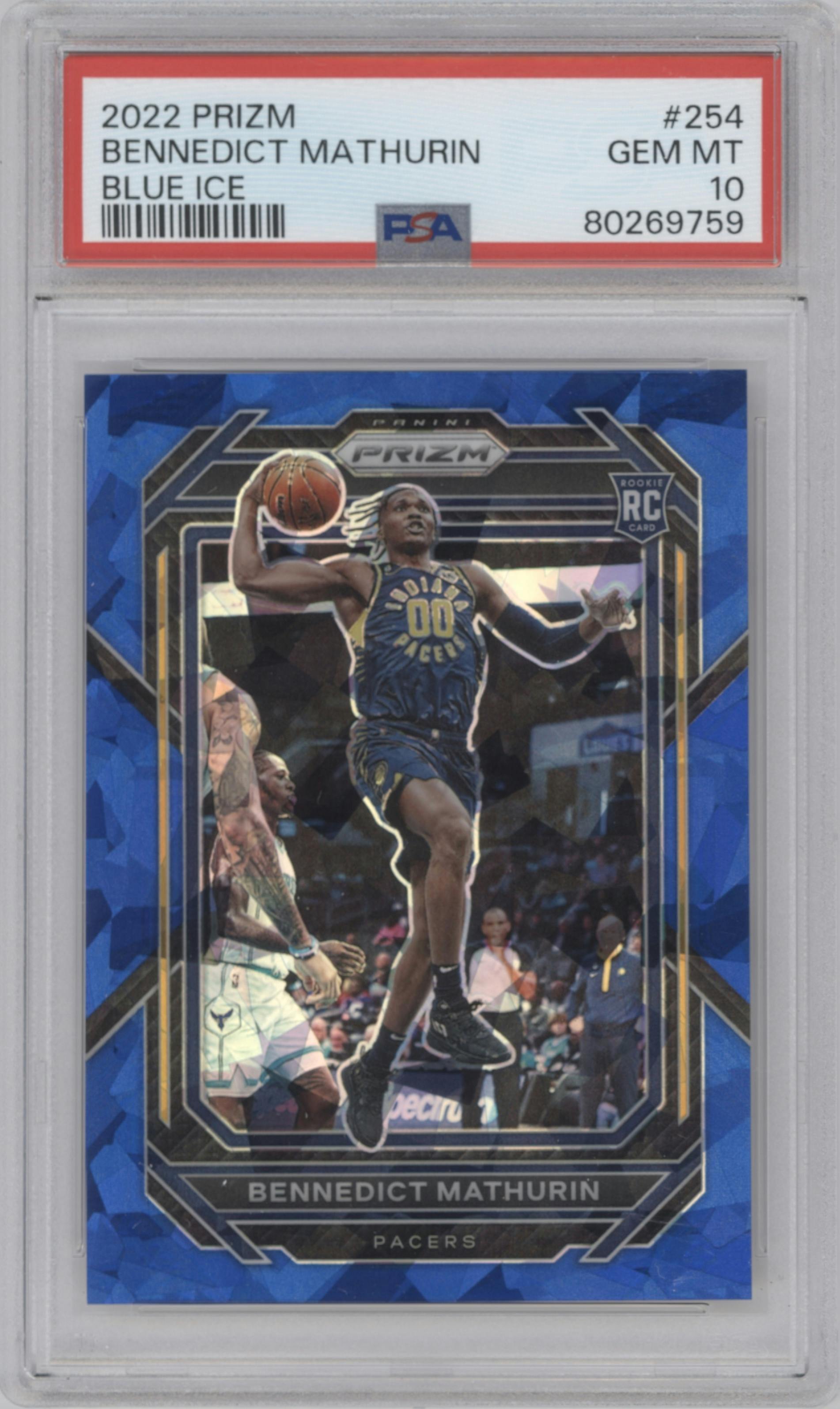 Bennedict Mathurin from the 2022-23 Panini Prizm  set featuring a Blue Ice parallel graded by PSA and given an overall grade of 10.