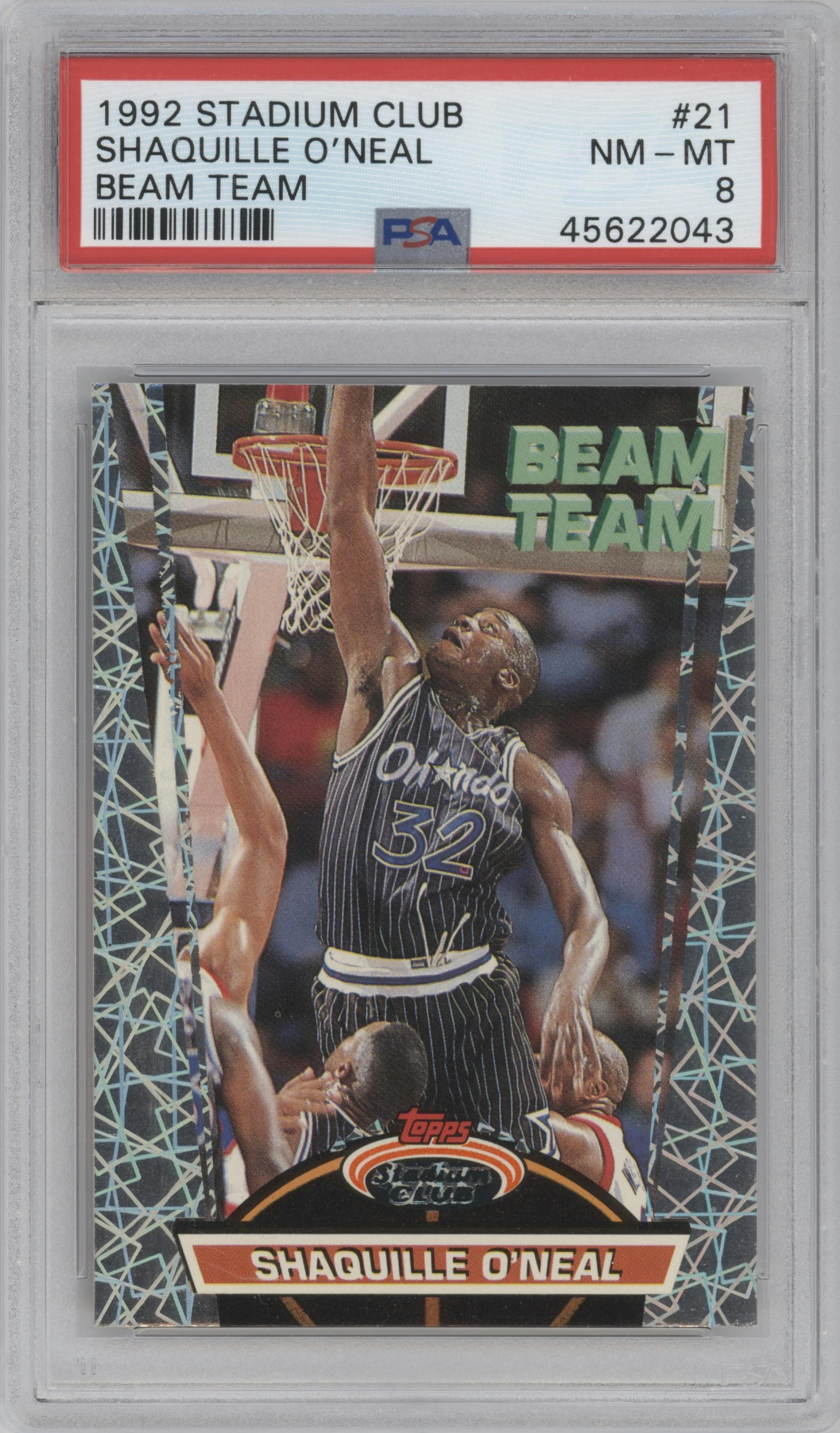 Shaquille O'Neal from the 1992-93 Topps Stadium Club set graded by PSA and given an overall grade of 8.