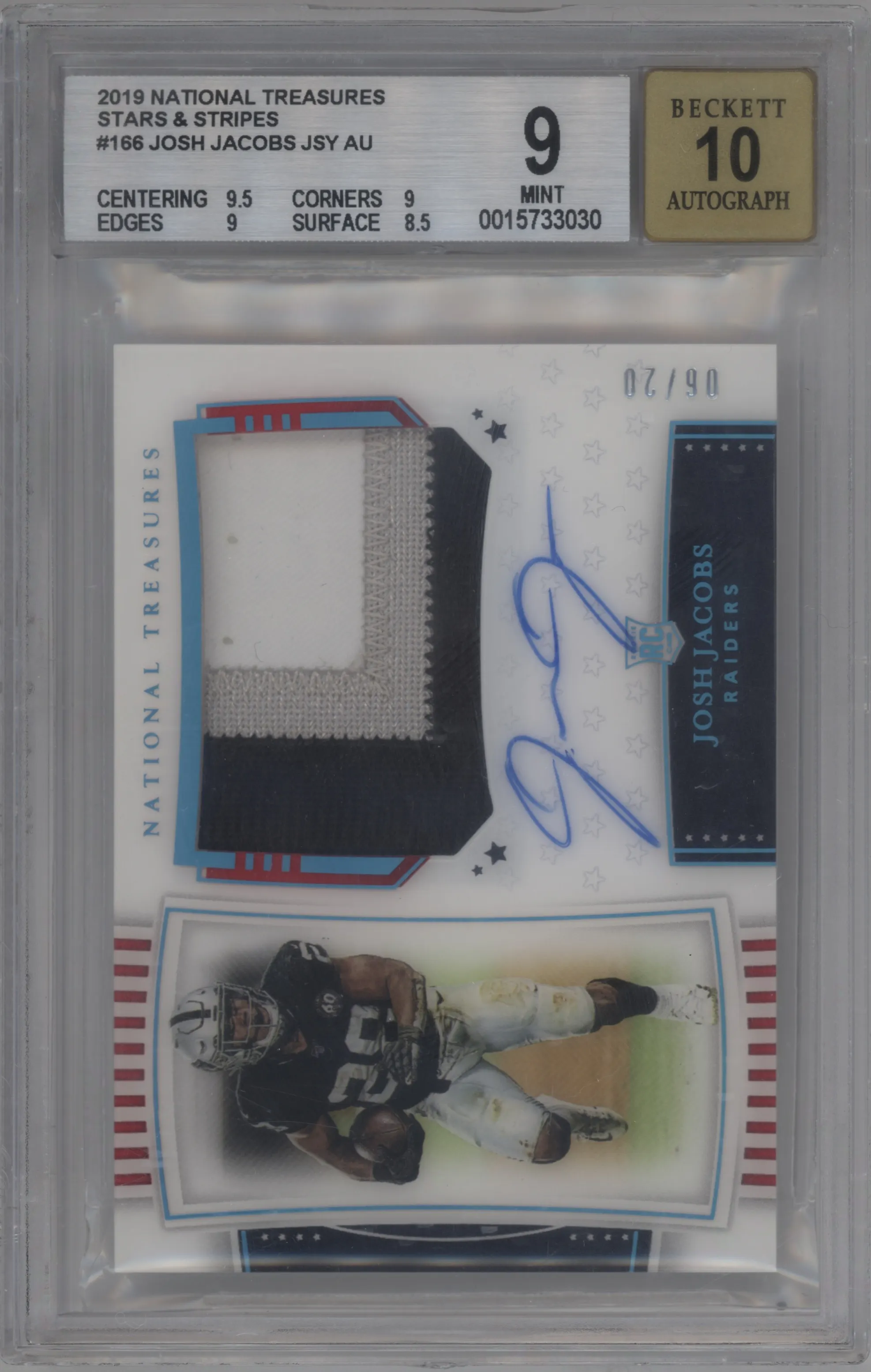 2019 Panini National Treasures RPA Josh Jacobs Stars & Stripes FOTL #166 BGS 9