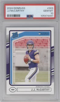 J.J. McCarthy from the 2024 Donruss set graded by PSA and given an overall grade of 10.