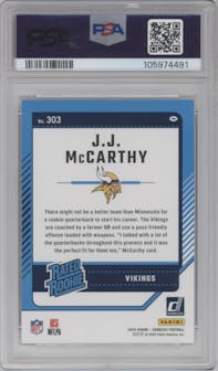 J.J. McCarthy from the 2024 Donruss set graded by PSA and given an overall grade of 10.