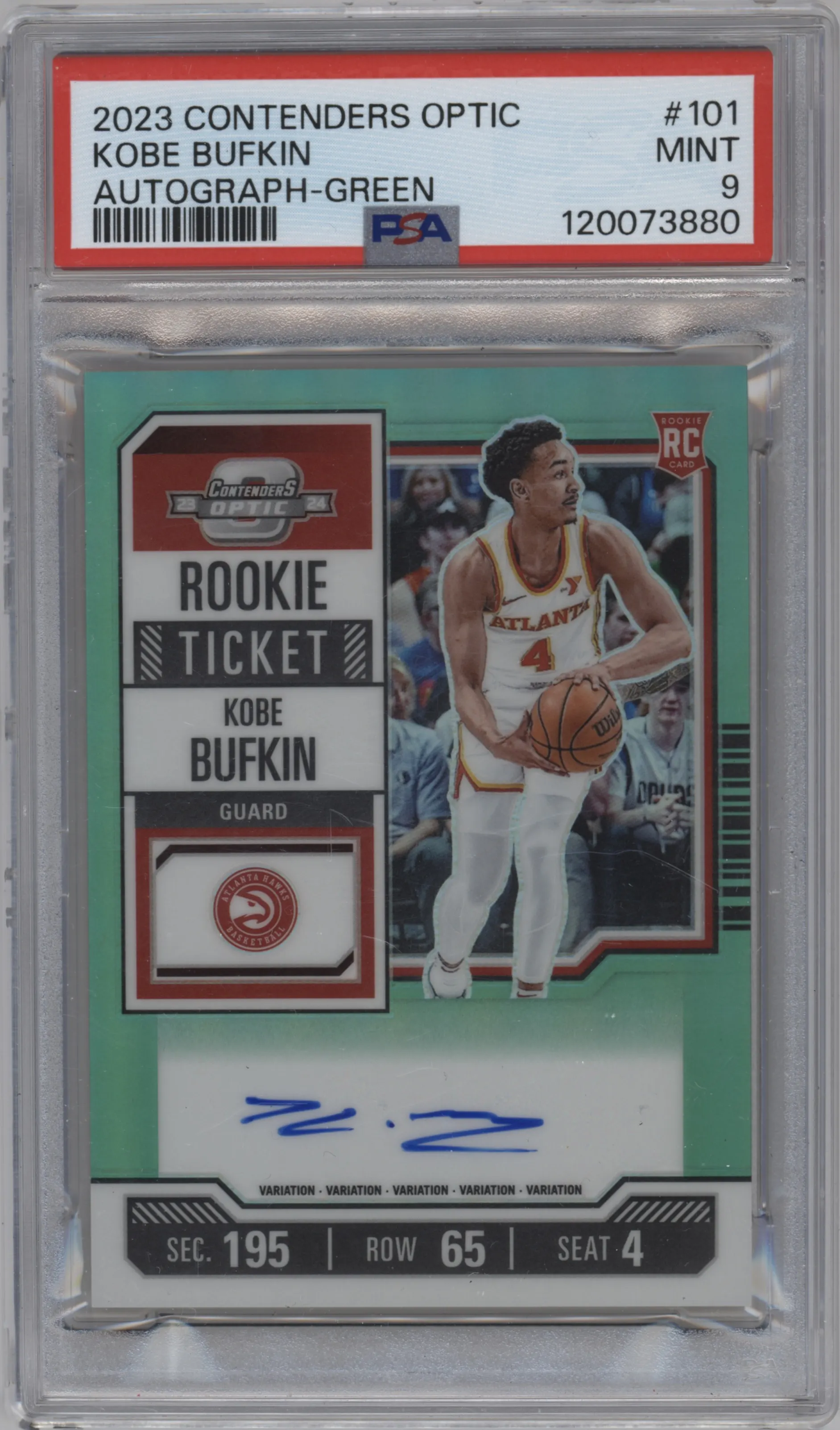2023 Panini Contenders Optic Rke.Tkt.Auto Kobe Bufkin Green #101 PSA 9