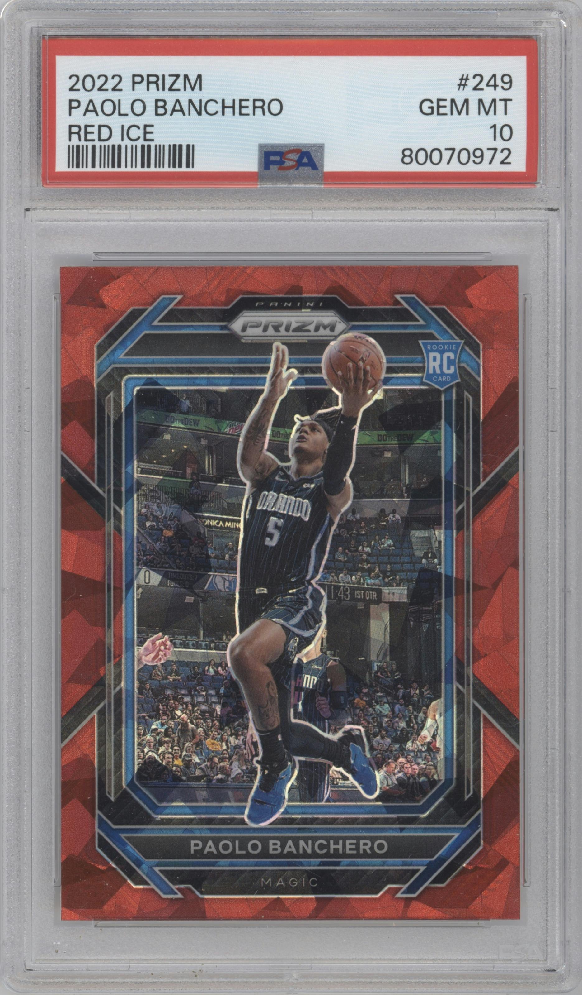 Paolo Banchero from the 2022-23 Panini Prizm  set featuring a Red Ice parallel graded by PSA and given an overall grade of 10.