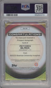 Anthony Black from the 2022-23 Bowman University Inception set featuring a Gold Foil V2 parallel graded by PSA and given an overall grade of 9.