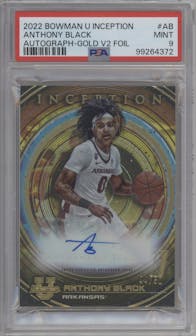 Anthony Black from the 2022-23 Bowman University Inception set featuring a Gold Foil V2 parallel graded by PSA and given an overall grade of 9.