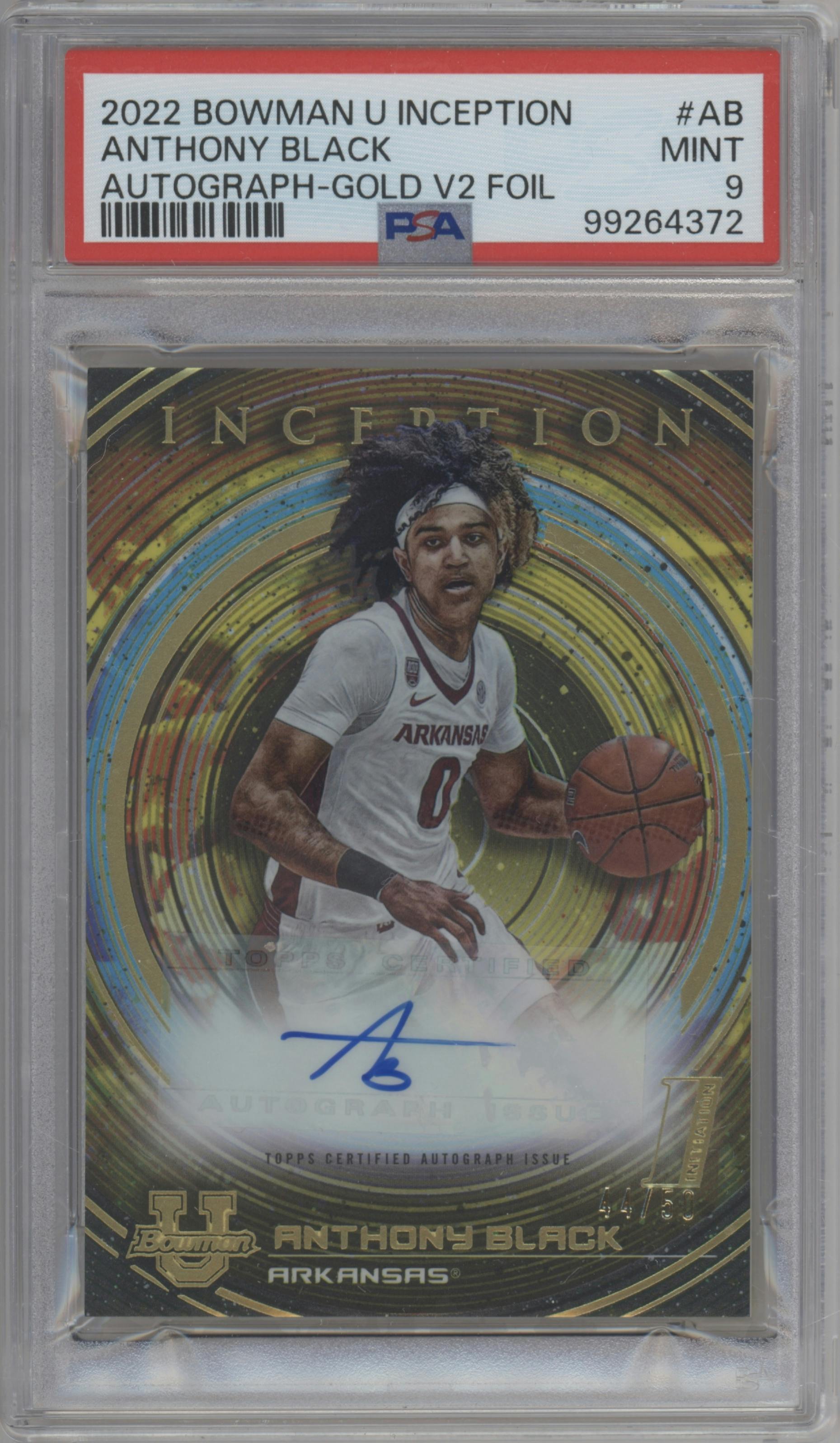 Anthony Black from the 2022-23 Bowman University Inception set featuring a Gold Foil V2 parallel graded by PSA and given an overall grade of 9.