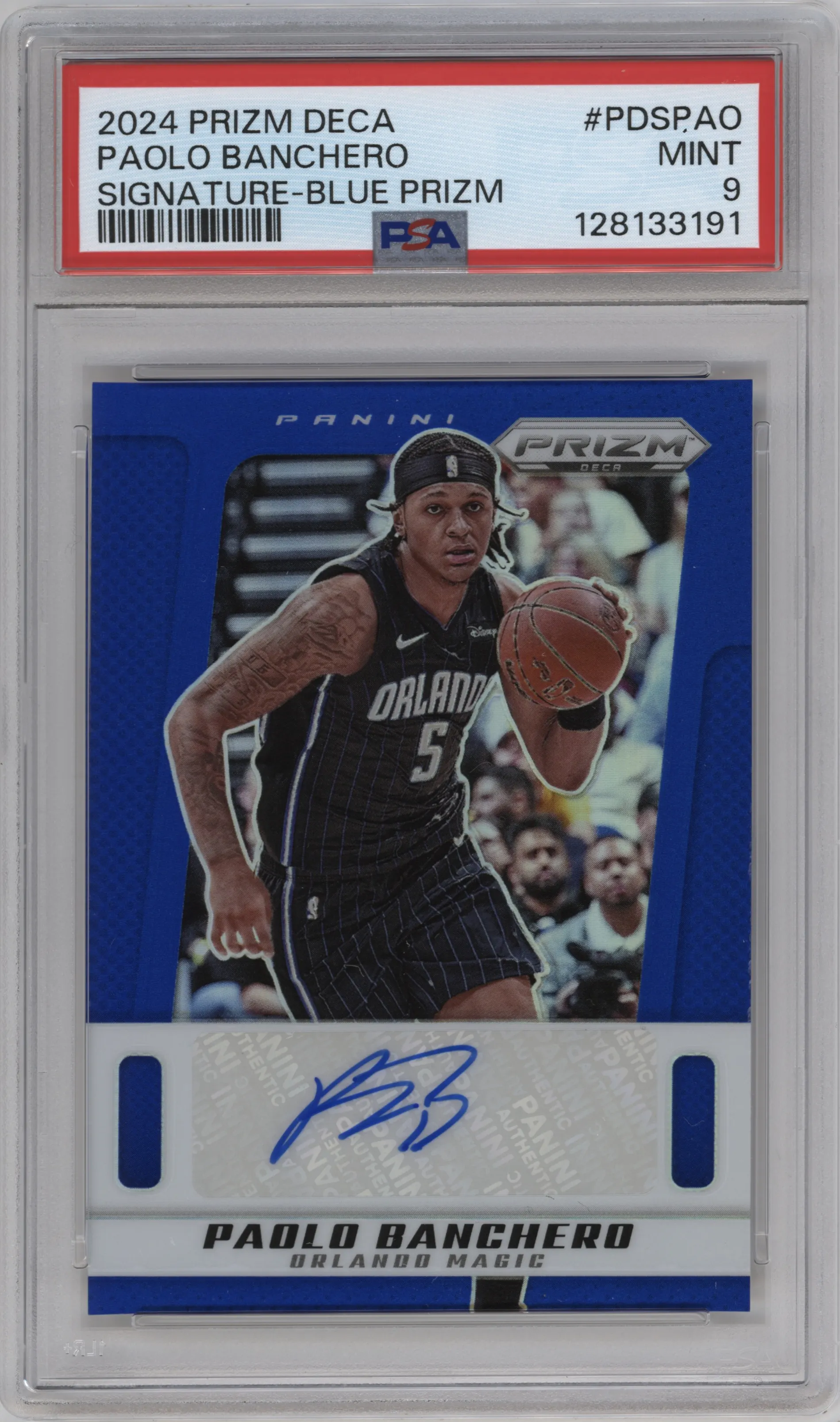 2024 Panini Prizm Deca Sig. Paolo Banchero Blue Prizm #PDS-PAO PSA 9