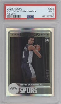 Victor Wembanyama from the 2023-24 Panini NBA Hoops set featuring a Silver parallel graded by PSA and given an overall grade of 9.