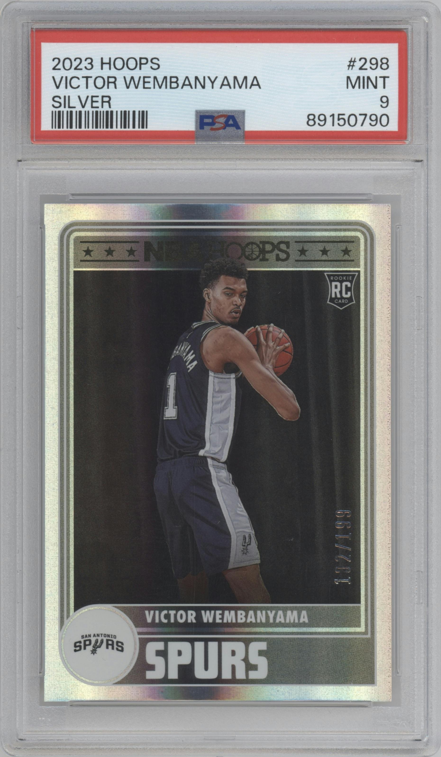 Victor Wembanyama from the 2023-24 Panini NBA Hoops set featuring a Silver parallel graded by PSA and given an overall grade of 9.