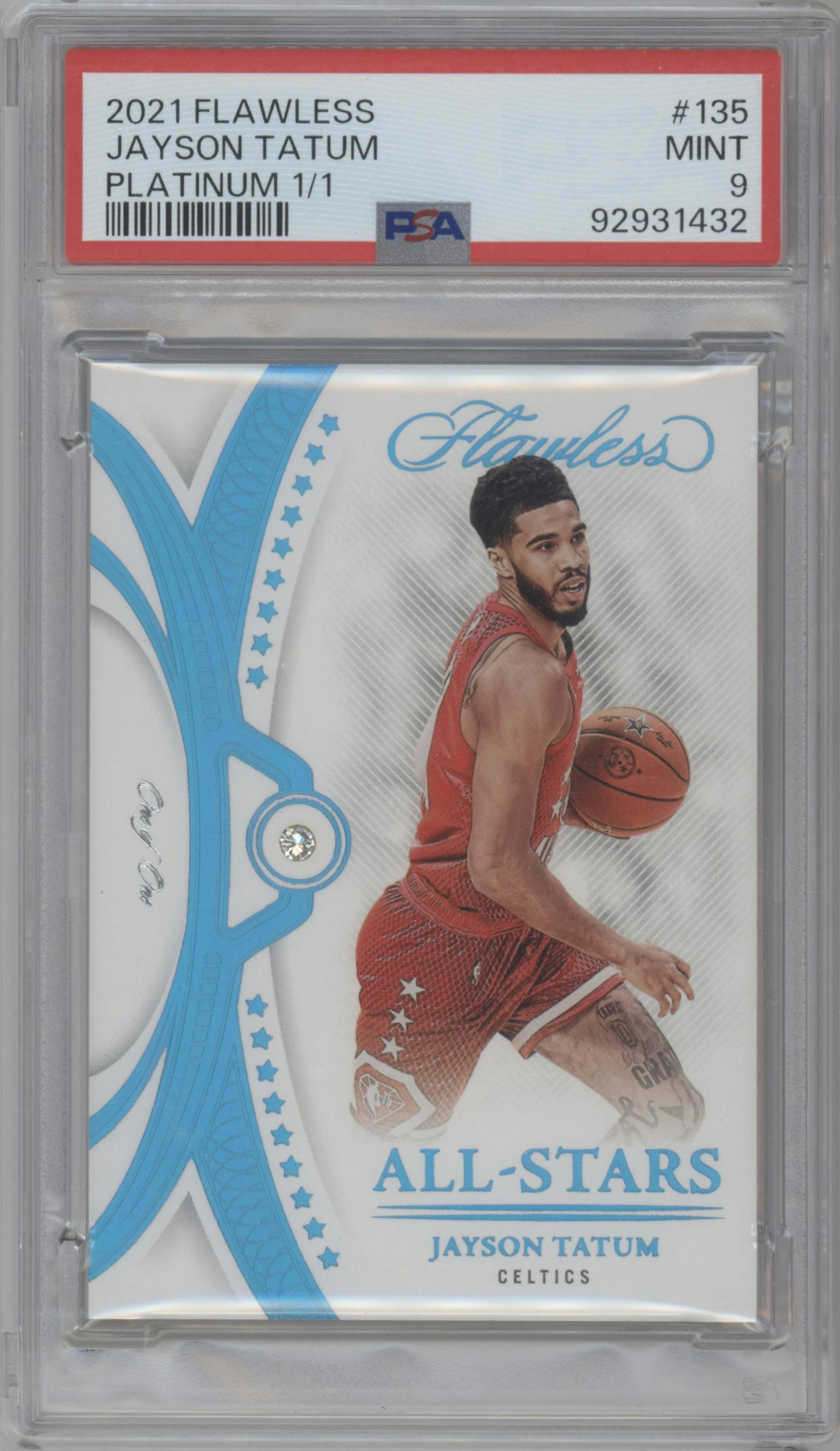 Jayson Tatum from the 2021-22 Panini Flawless set featuring a Platinum parallel graded by PSA and given an overall grade of 9.