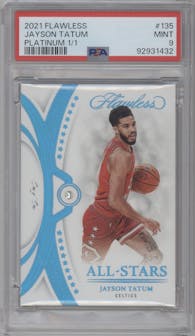 Jayson Tatum from the 2021-22 Panini Flawless set featuring a Platinum parallel graded by PSA and given an overall grade of 9.