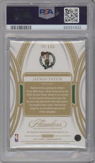 Jayson Tatum from the 2021-22 Panini Flawless set featuring a Platinum parallel graded by PSA and given an overall grade of 9.