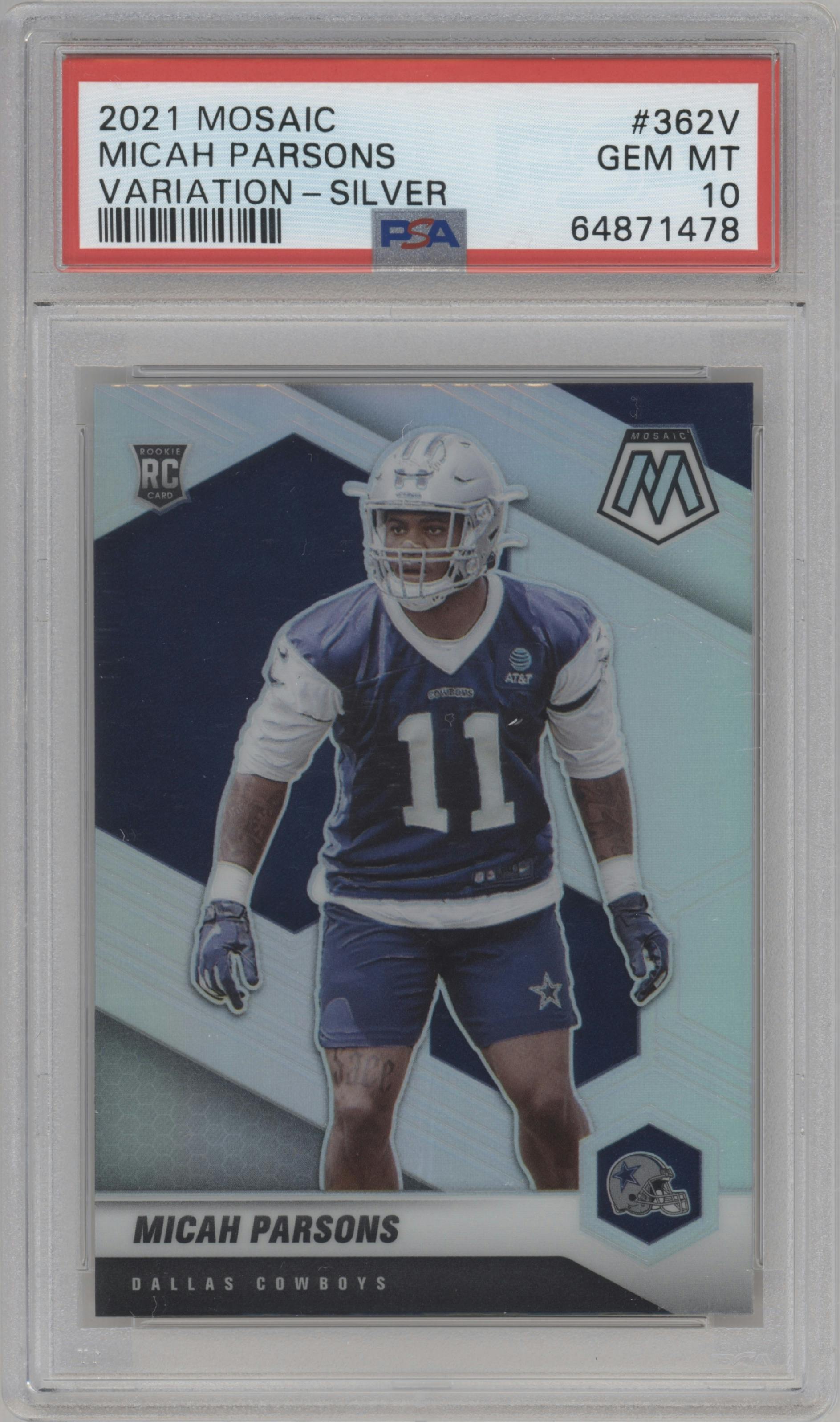 Micah Parsons from the 2021 Panini Mosaic set featuring a Silver  parallel graded by PSA and given an overall grade of 10.