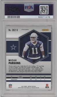 Micah Parsons from the 2021 Panini Mosaic set featuring a Silver  parallel graded by PSA and given an overall grade of 10.