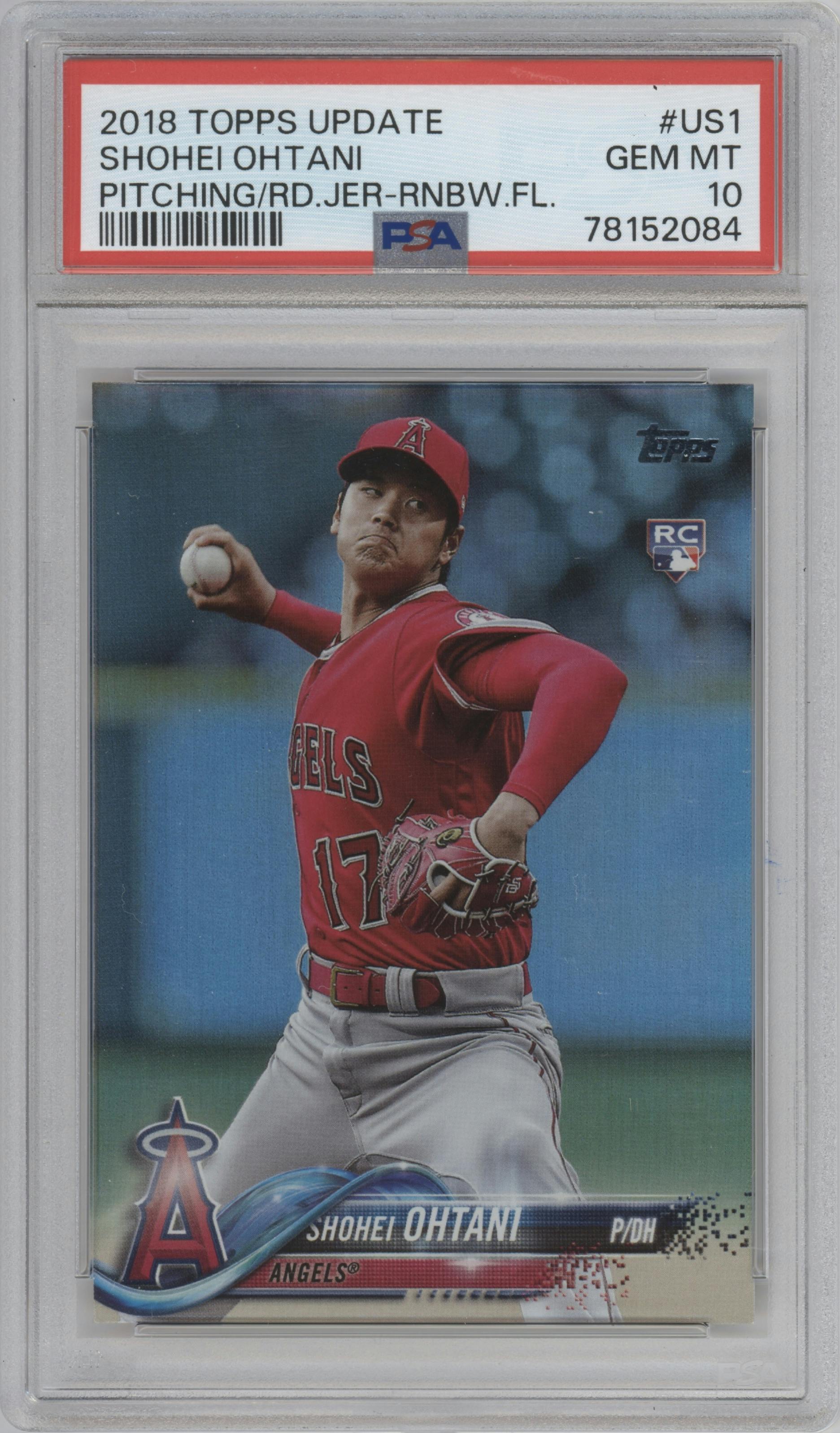 Shohei Ohtani from the 2018 Topps Update set featuring a Rainbow Foil parallel graded by PSA and given an overall grade of 10.