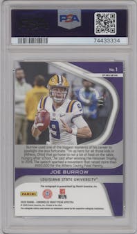 Joe Burrow from the 2020 Panini Chronicles Draft Picks  set featuring a Green Prizm parallel graded by PSA and given an overall grade of 8.