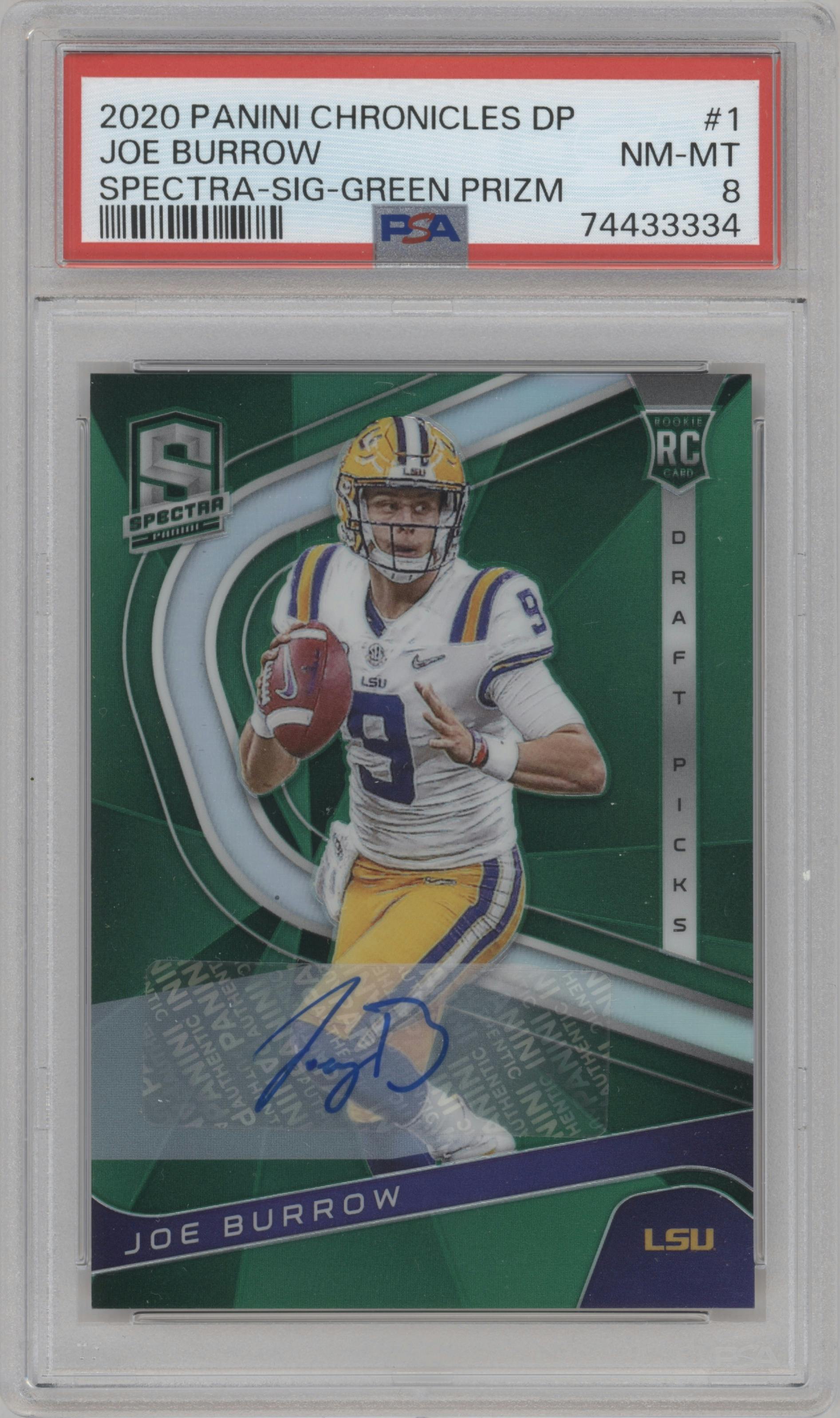 Joe Burrow from the 2020 Panini Chronicles Draft Picks  set featuring a Green Prizm parallel graded by PSA and given an overall grade of 8.
