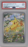 Pikachu from the 2024 Pokemon SV set featuring a Paldea Adventure Chest parallel graded by PSA and given an overall grade of 9.