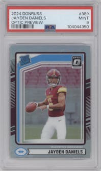 Jayden Daniels from the 2024 Donruss set featuring a Holo parallel graded by PSA and given an overall grade of 9.