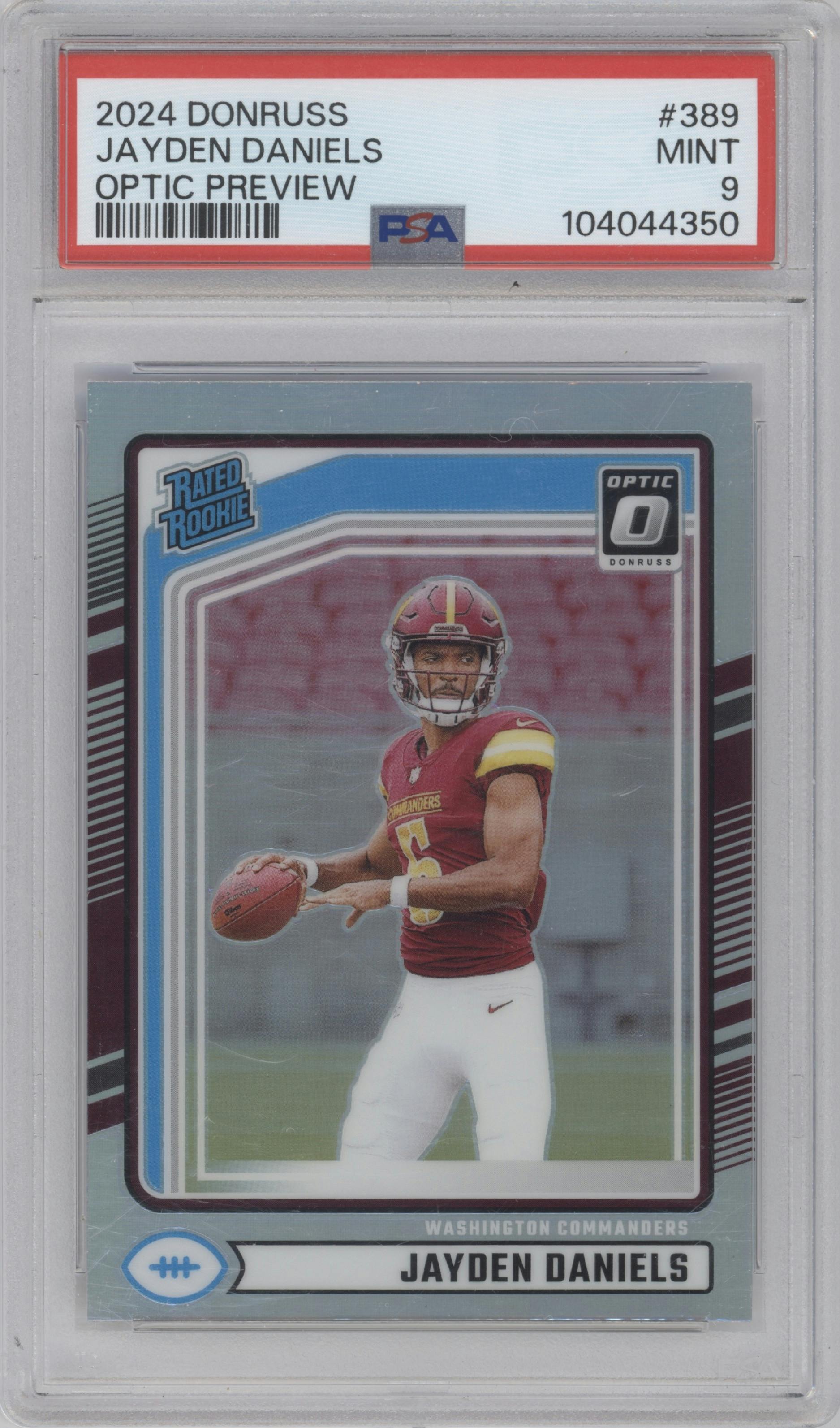 Jayden Daniels from the 2024 Donruss set featuring a Holo parallel graded by PSA and given an overall grade of 9.