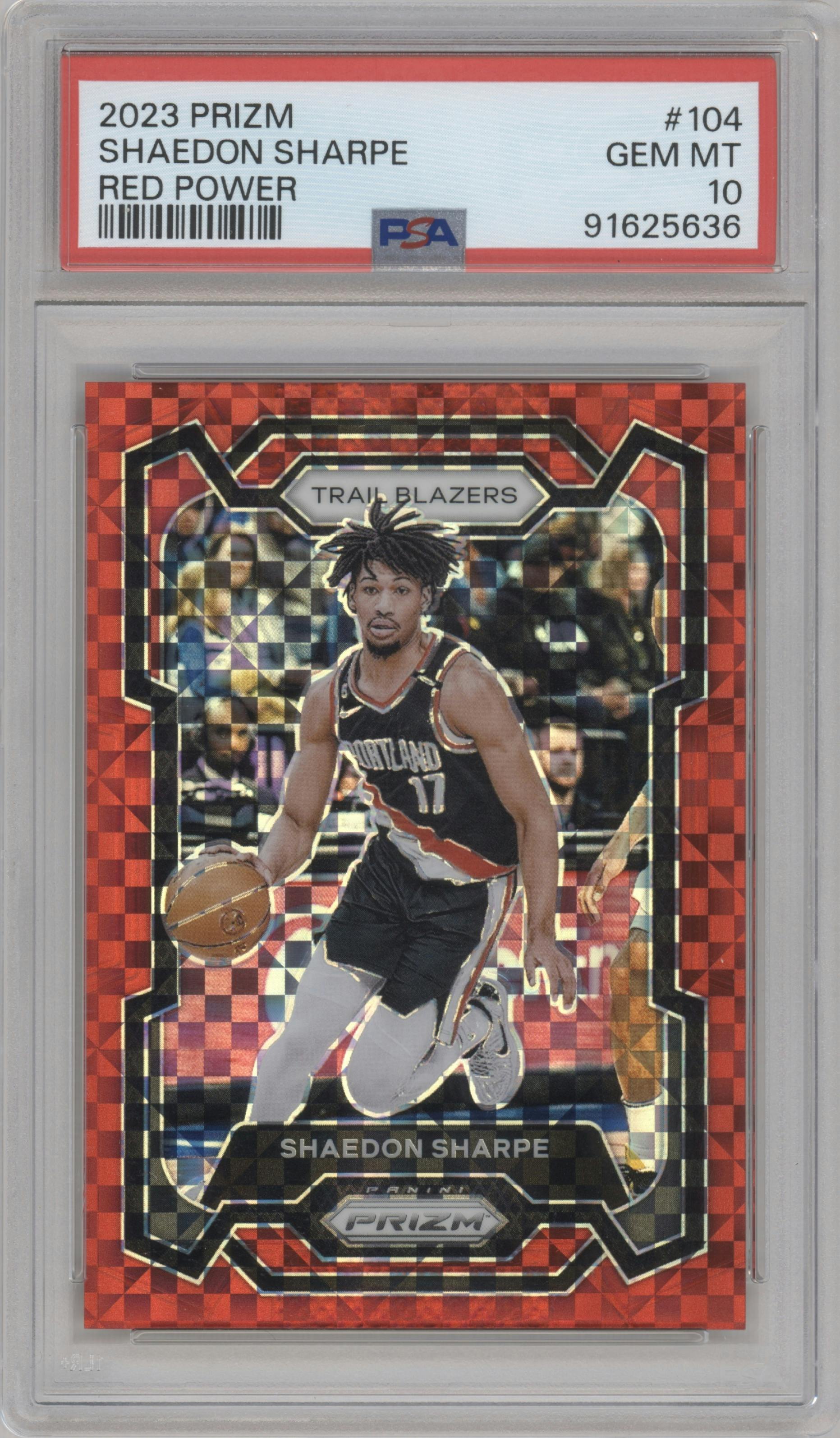 Shaedon Sharpe from the 2023-24 Panini Prizm set featuring a  Red Power Prizm parallel graded by PSA and given an overall grade of 10.