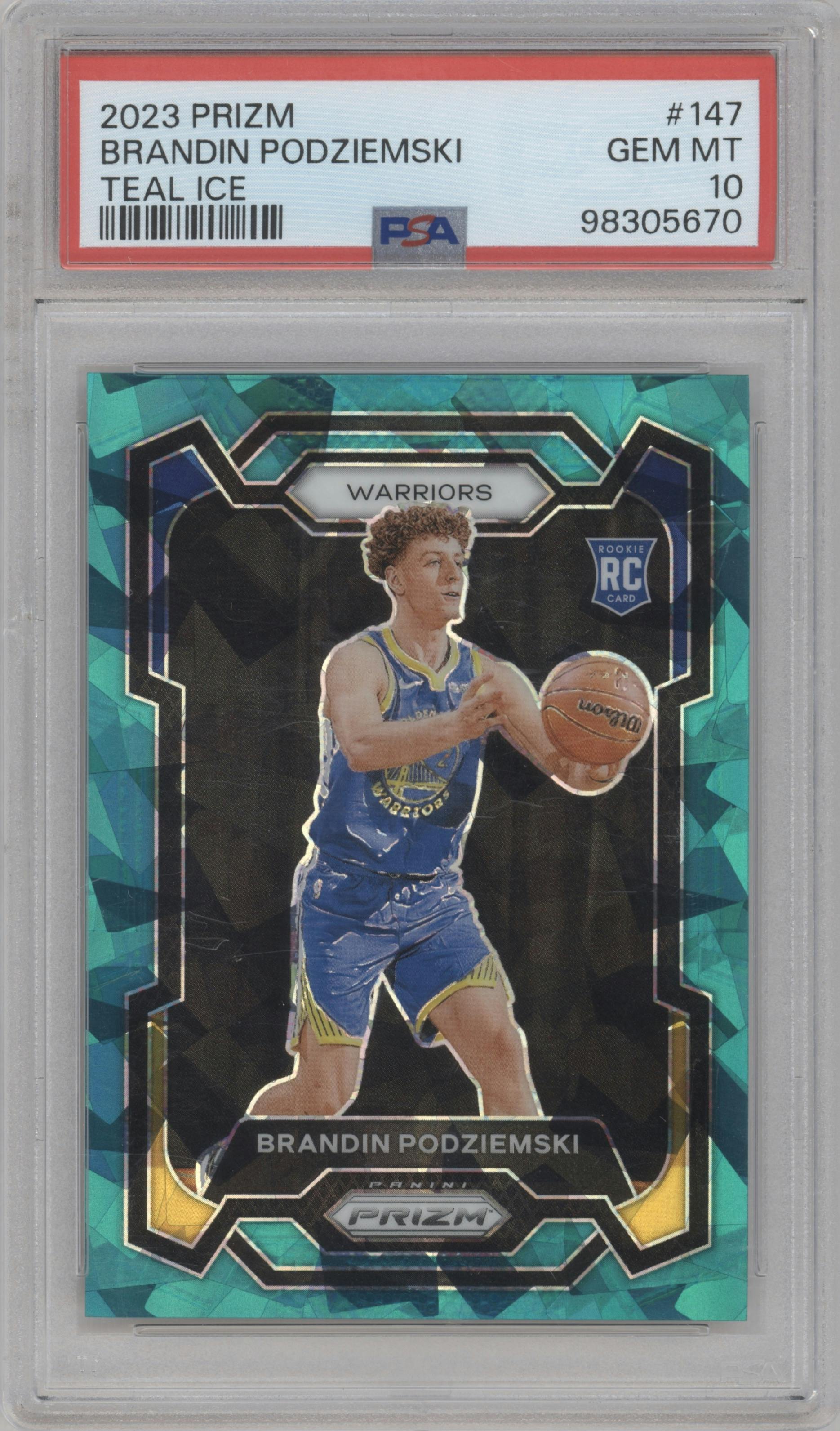 Brandin Podziemski from the 2023-24 Panini Prizm set featuring a Teal Ice parallel graded by PSA and given an overall grade of 10.