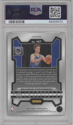 Brandin Podziemski from the 2023-24 Panini Prizm set featuring a Teal Ice parallel graded by PSA and given an overall grade of 10.