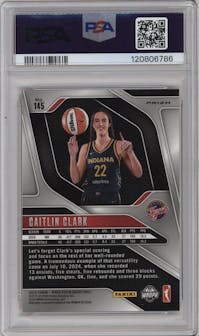 Caitlin Clark from the 2024 Panini Prizm WNBA set featuring a Orange Ice Prizm parallel graded by PSA and given an overall grade of 10.