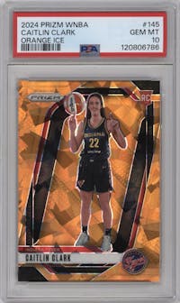Caitlin Clark from the 2024 Panini Prizm WNBA set featuring a Orange Ice Prizm parallel graded by PSA and given an overall grade of 10.