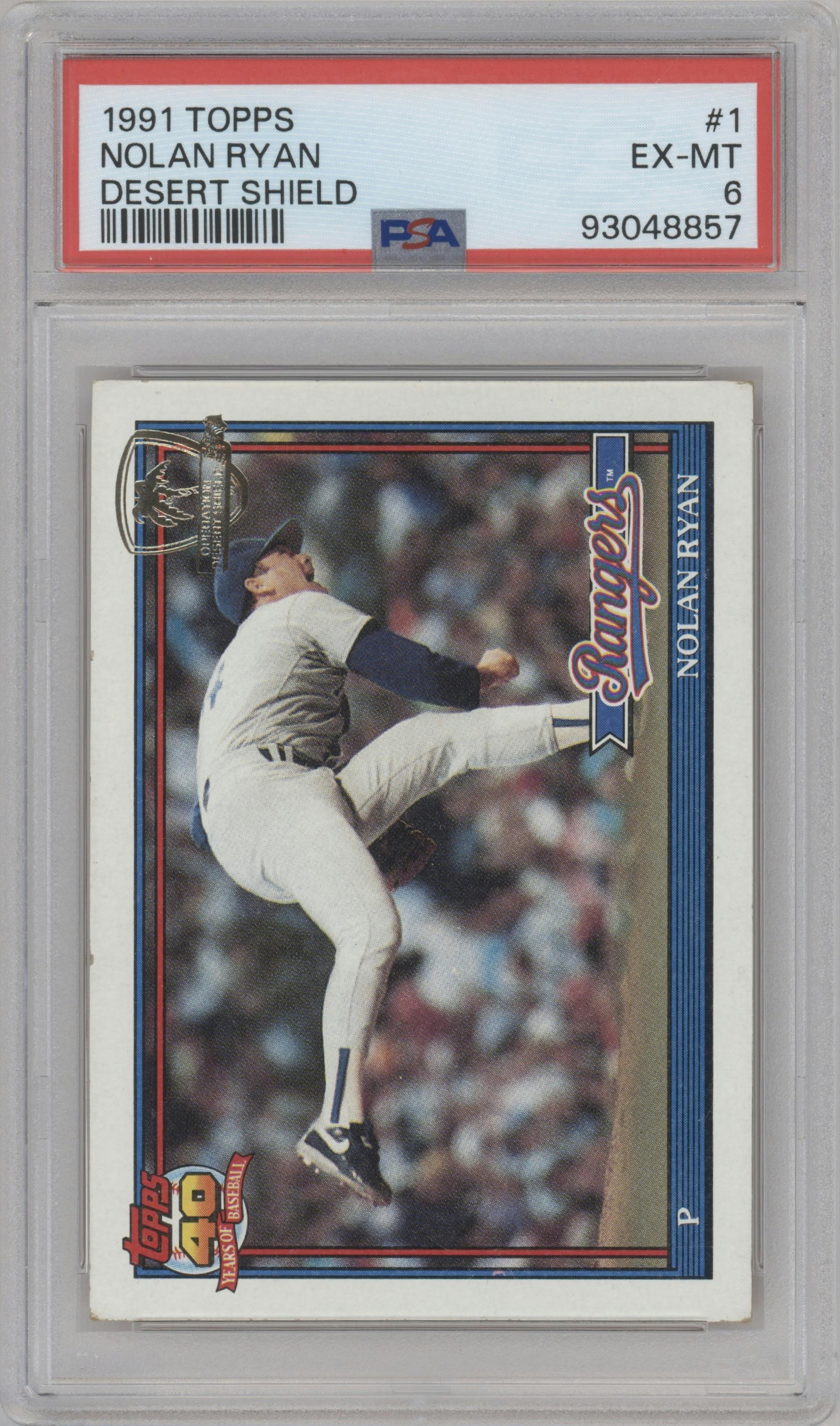 Nolan Ryan from the 1991 Topps set featuring a Desert Shield parallel graded by PSA and given an overall grade of 6.