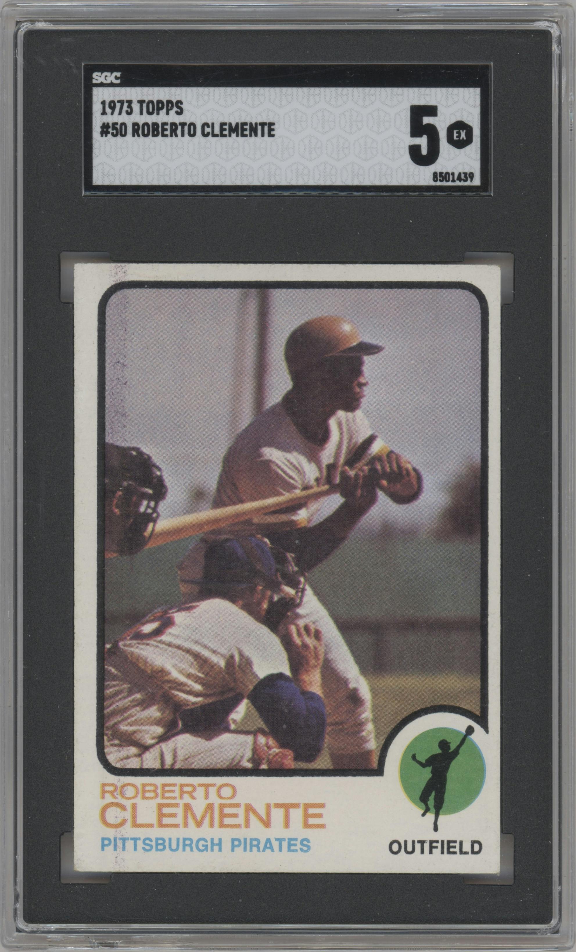 Roberto Clemente from the 1973 Topps set graded by SGC and given an overall grade of 5.
