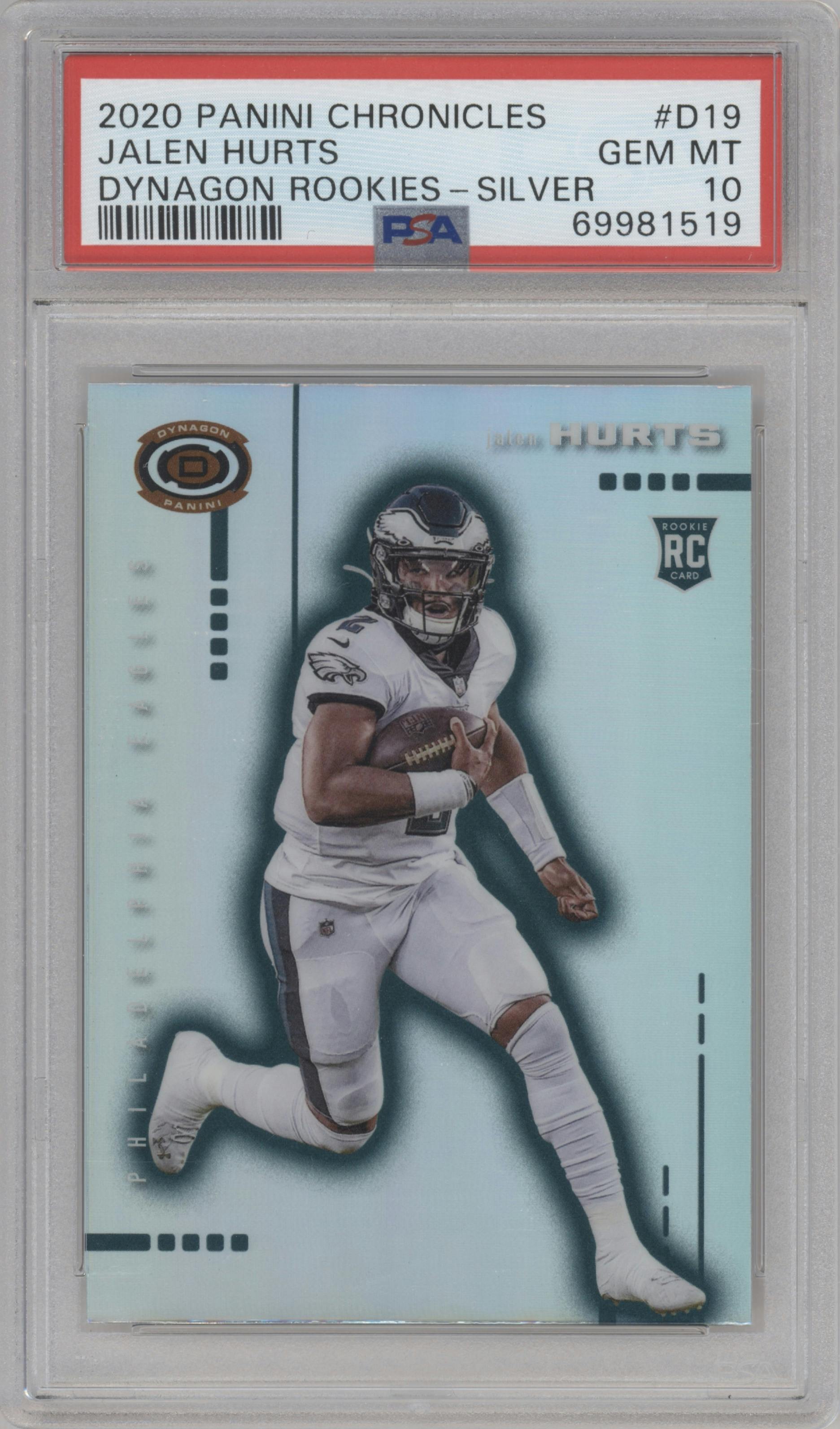Jalen Hurts from the 2020 Panini Chronicles set featuring a Silver parallel graded by PSA and given an overall grade of 10.
