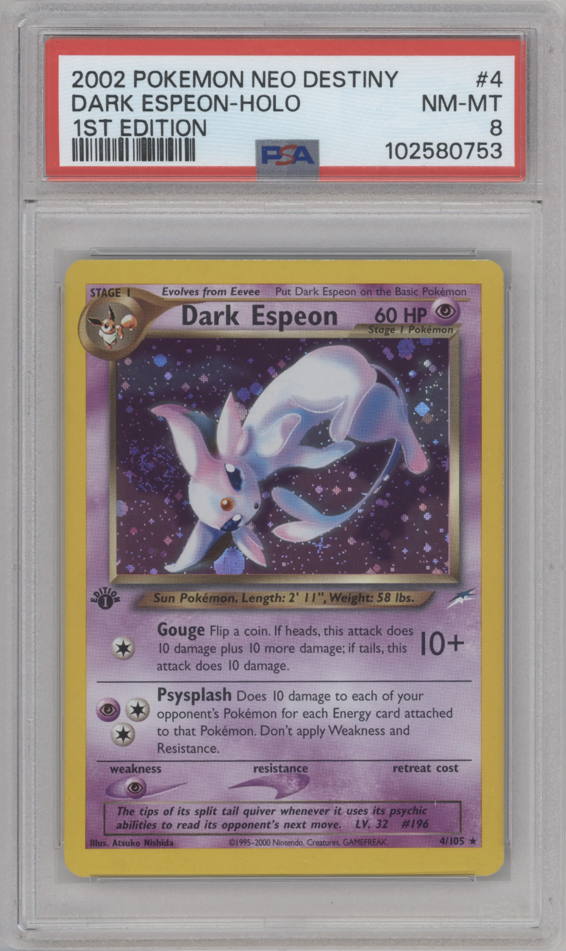 Dark Espeon from the 2002 Pokemon Neo Genesis set graded by PSA and given an overall grade of 8.