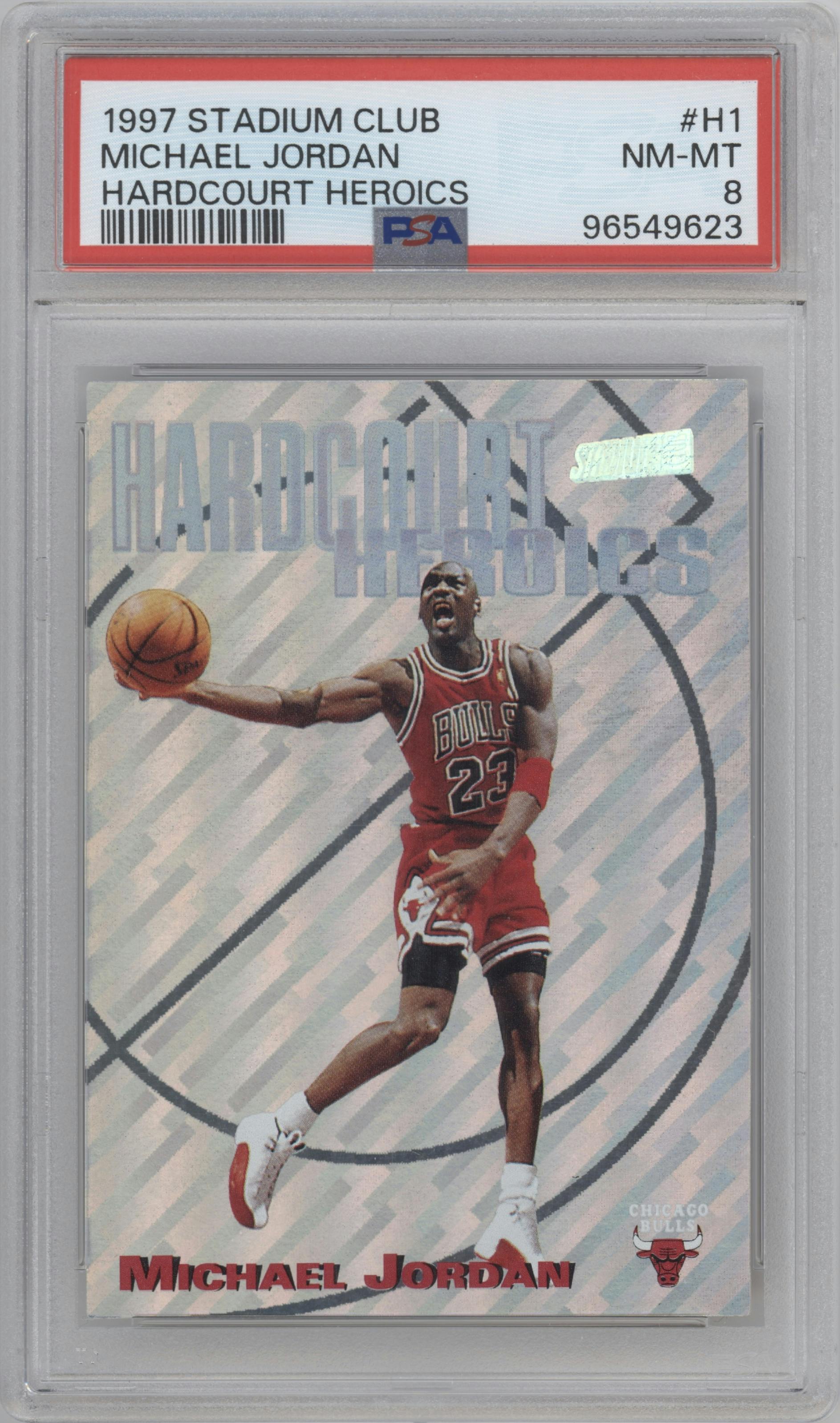 Michael Jordan from the 1997-98 Topps Stadium Club set graded by PSA and given an overall grade of 8.