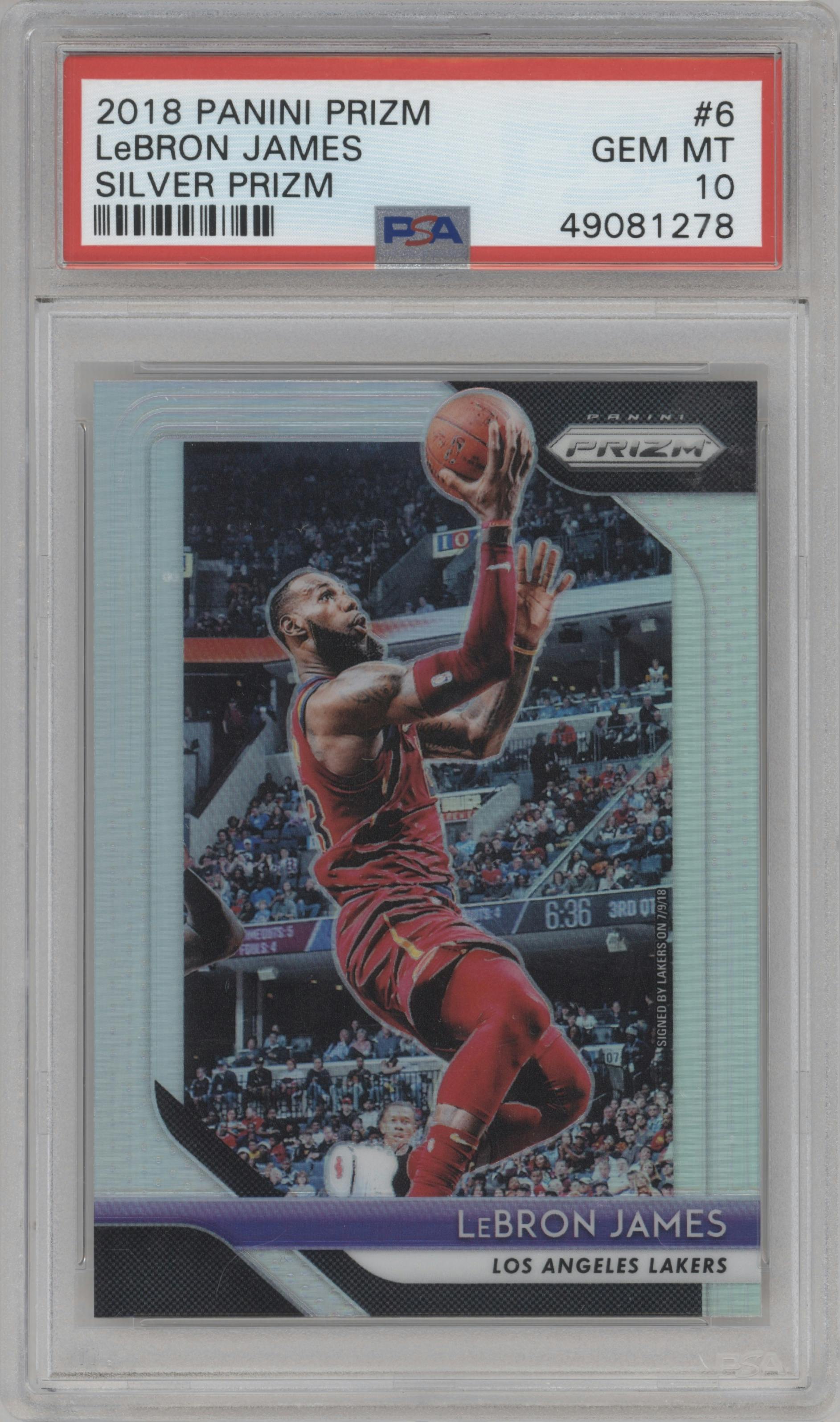 LeBron James from the 2018-19 Panini Prizm set featuring a Silver Prizm parallel graded by PSA and given an overall grade of 10.